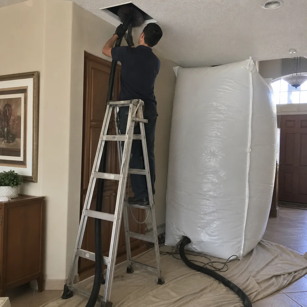 Technician using professional equipment for residential air duct cleaning
