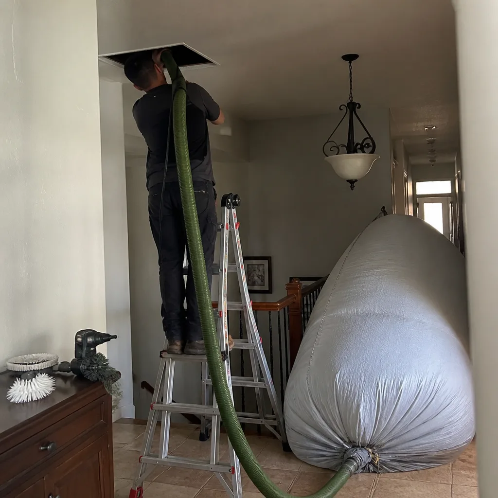 Professional cleaning technician performing air duct cleaning with a vacuum hose