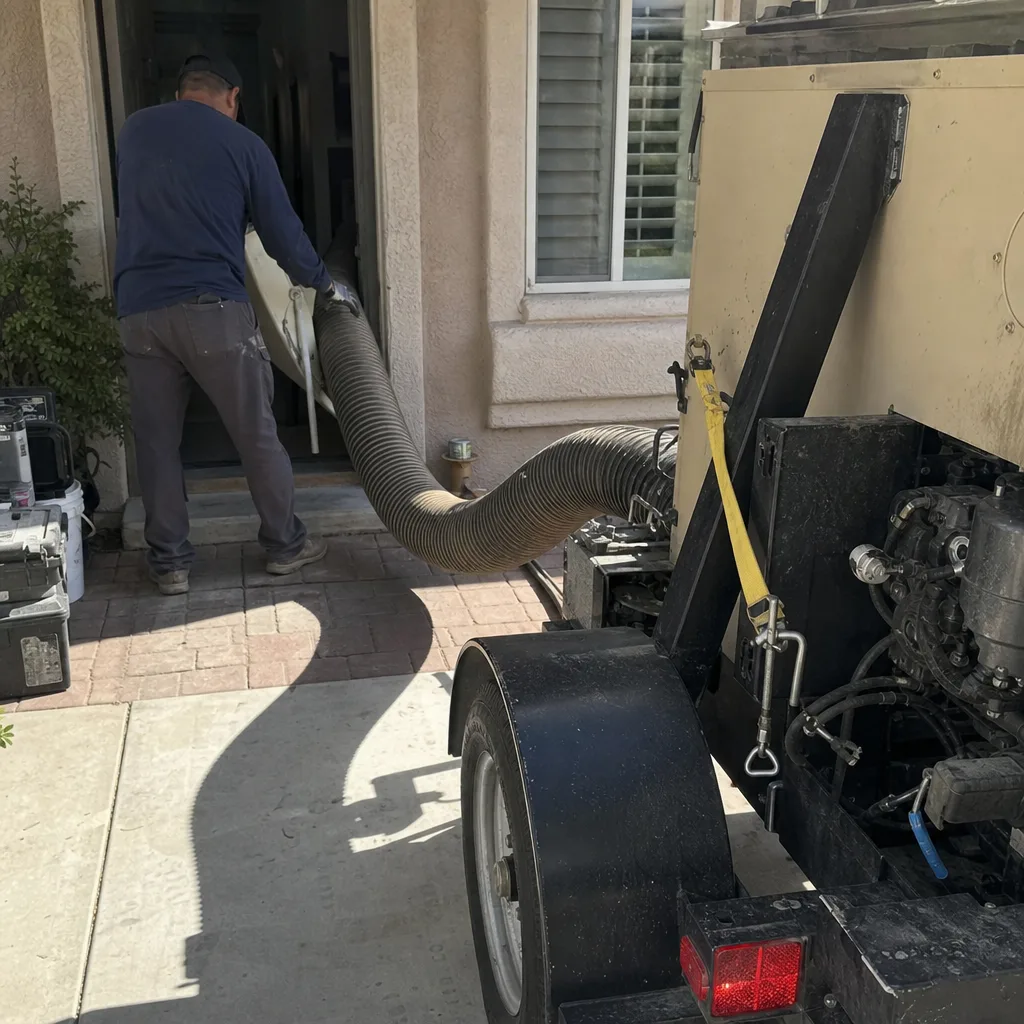 Technician using professional equipment for residential air duct cleaning service