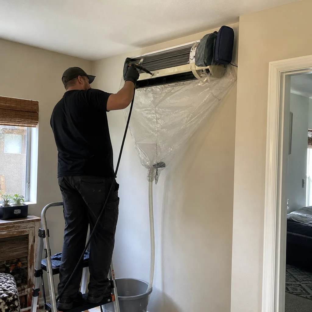 Technician cleaning wall-mounted air conditioning unit with professional equipment