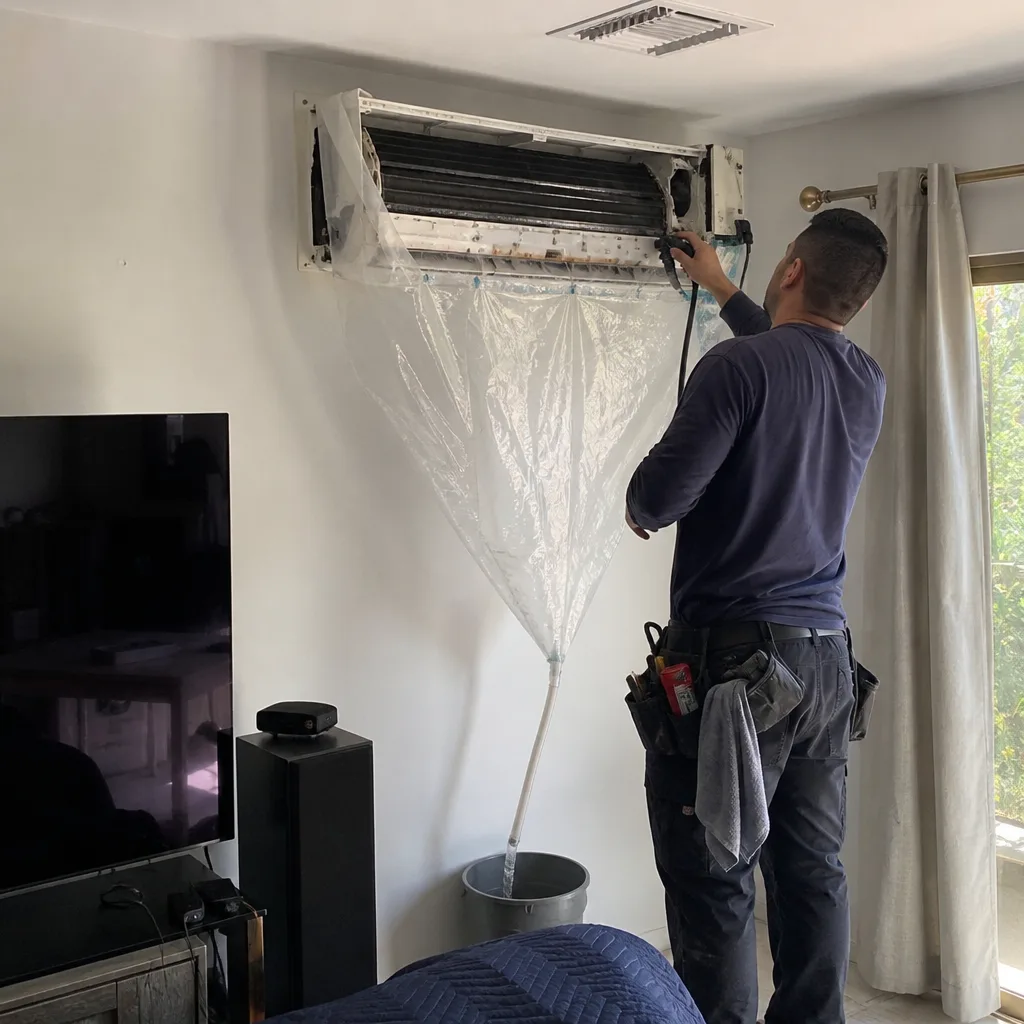 Technician performing professional mini-split HVAC system cleaning and maintenance