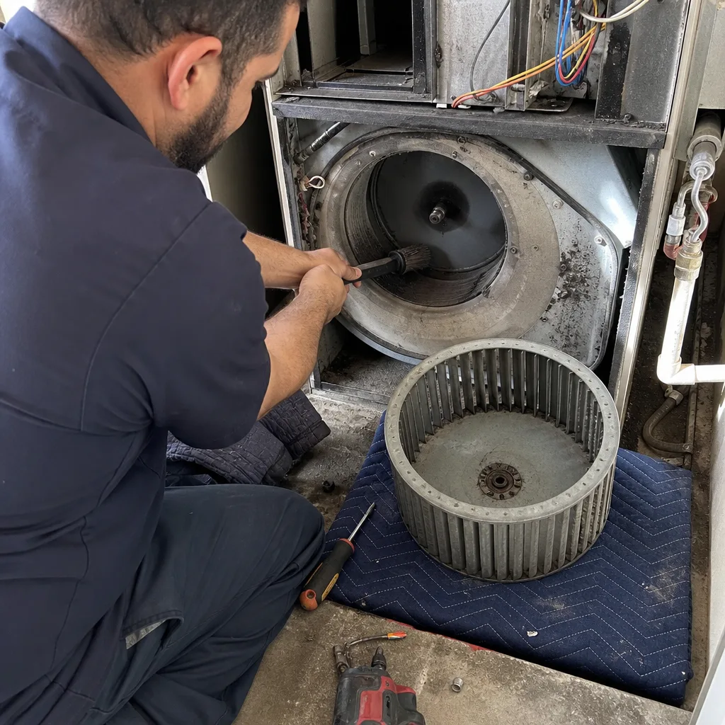Technician performing professional HVAC system maintenance and deep furnace blower cleaning